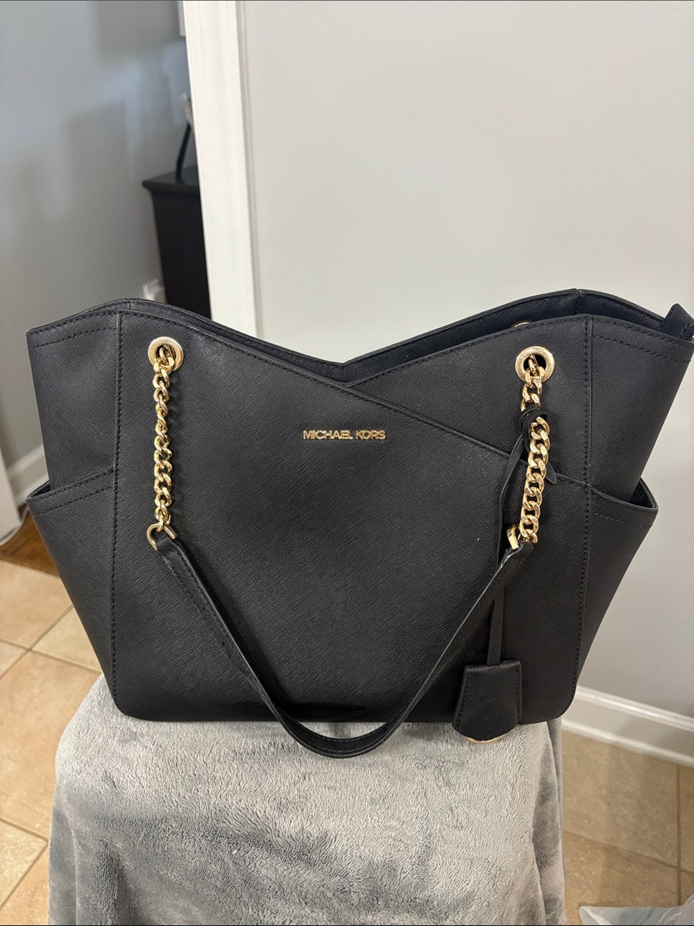 Michael Kors Black Leather Tote with Gold Chain Straps